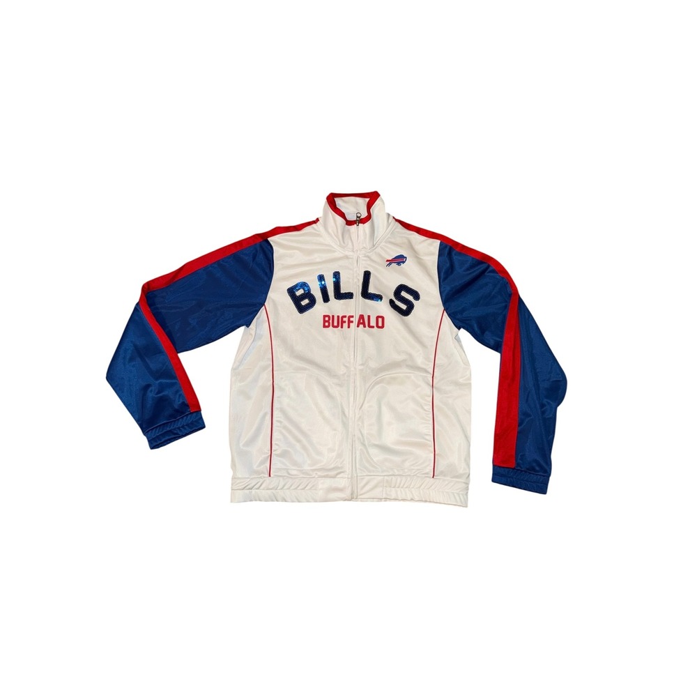 NFL Team Apparel Buffalo Bills Jacket Women Medium White Blue Zip Up Sequin